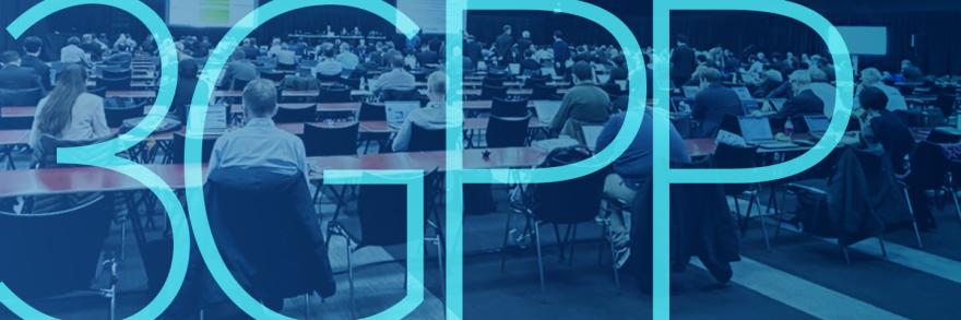 : Conference attendees at the March 2024 3GPP plenary session; an overlay of “3GPP”.