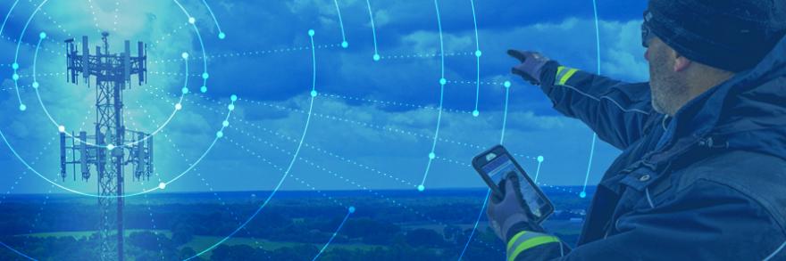 A network radiates from a tower, a responder holding a smartphone points towards the tower