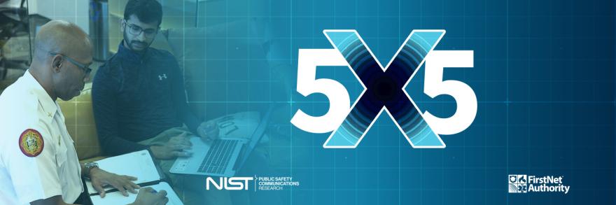 A public safety official shares information with an app developer; 5x5: The Public Safety Innovation Summit logo