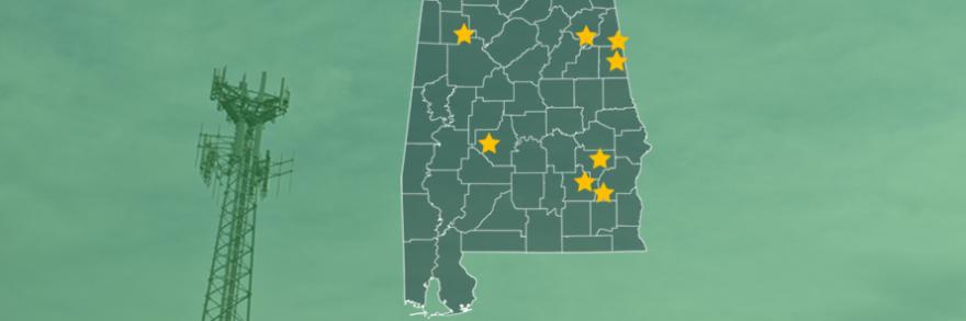 The State of Alabama, with outlined county borders; a cell tower.