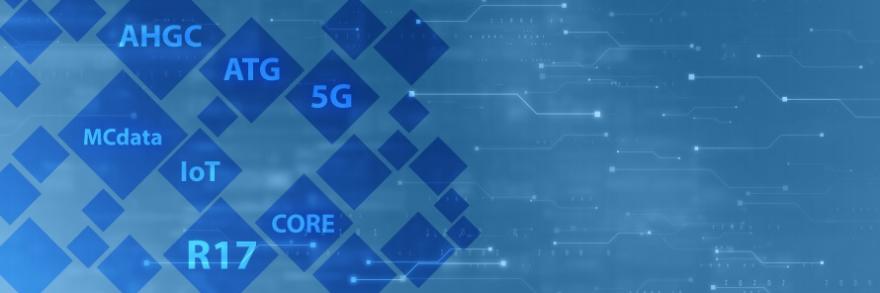 Illustration representing technology, connections, and wireless network terminology: AHCG, ATG, 5G, MCdata, IoT, Core, R17