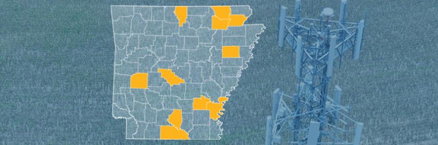 The state of Arkansas, with outlined county borders; a cell tower.