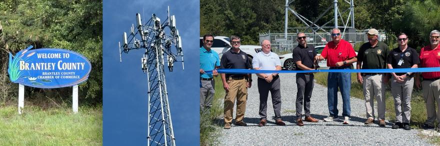 "Welcome to Brantley County" sign, new FirstNet cell site in Brantley, Eight leaders from public safety, local government, the FirstNet Authority, and AT&T cut a ribbon