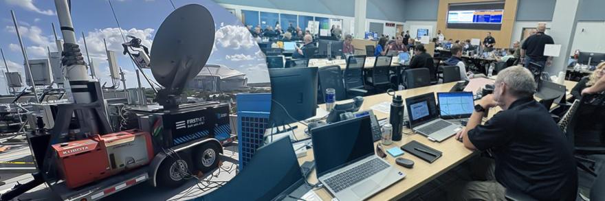 A FirstNet portable cell site on the left; on the right, public safety officials manage operations during the FIFA World Cup in the Dallas joint operations center. 