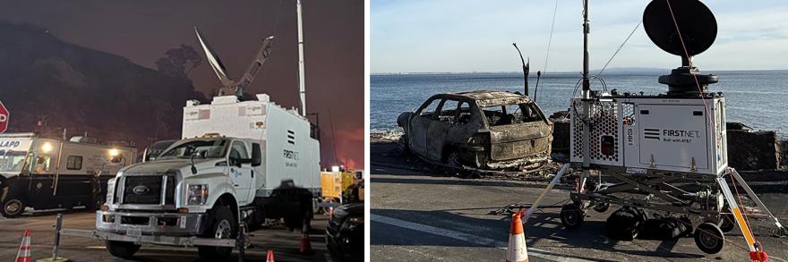FirstNet Satellite Cell on Light Truck stationed next to Los Angeles Police Department vehicle in parking lot at night during 2025 Los Angeles wildfires; FirstNet Compact Rapid Deployable on a road next to a burned car and other fire debris with the ocean in the background during the 2025 Los Angeles wildfires.