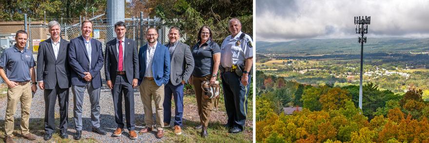 U.S. Congressman Rob Bresnahan with FirstNet Authority personnel, local first responders, public safety officials, and community leaders standing in front of new FirstNet cell tower site; aerial view of the new, rural tower in Luzerne County, Pennsylvania