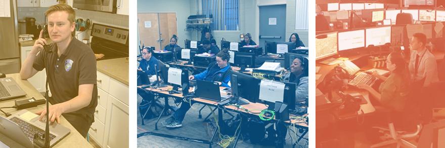 Three photos: first photo is a telecommunicator taking a call from home, second photo is a group of telecommunicators sitting at computers set up on tables, third photo is two telecommunicators looking at a workstation in an emergency communications center. 