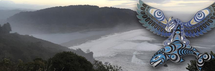 Artwork of Thunderbird and Whale designed for the exercise; coast of the Pacific Ocean in northern California.
