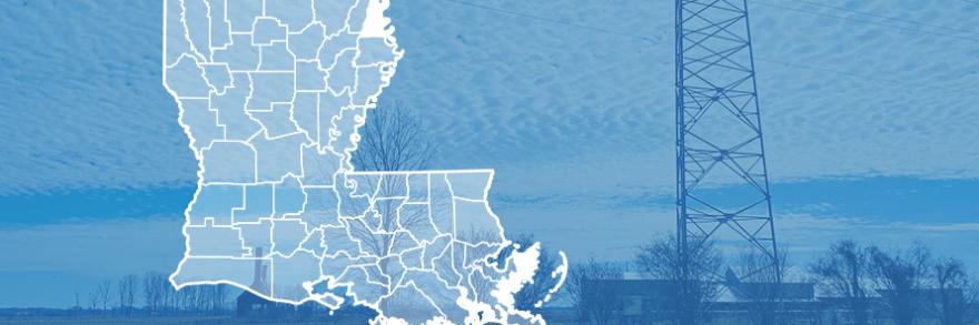 “New FirstNet cell site launches in East Carroll Parish, Louisiana,” map of Louisiana counties with East Carroll Parish highlighted, tower installed in East Carroll Parish  