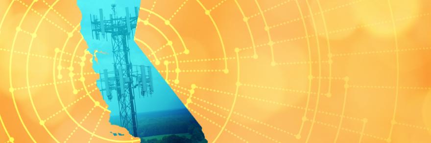 The silhouette of the State of California revealing a cell tower inside; radiating connectivity illustration