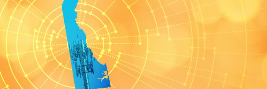 The silhouette of the State of Delaware revealing a cell tower inside; radiating connectivity illustration