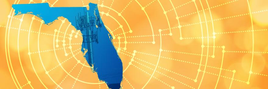 The silhouette of the State of Florida revealing a cell tower inside; radiating connectivity illustration