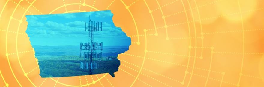 The silhouette of the State of Iowa revealing a cell tower inside; radiating connectivity illustration
