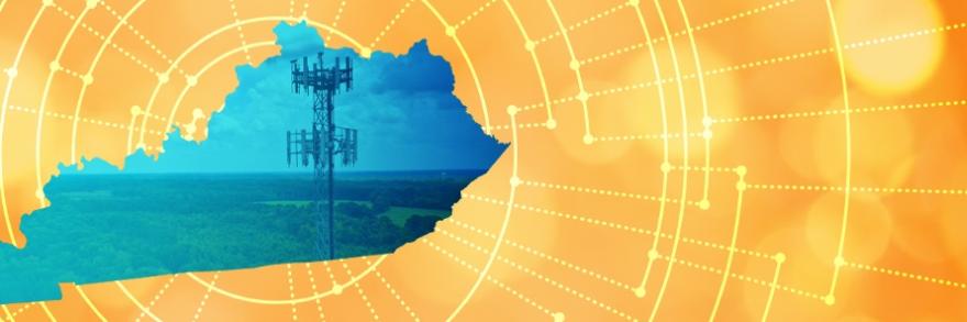 The silhouette of the State of Kentucky revealing a cell tower inside; radiating connectivity illustration
