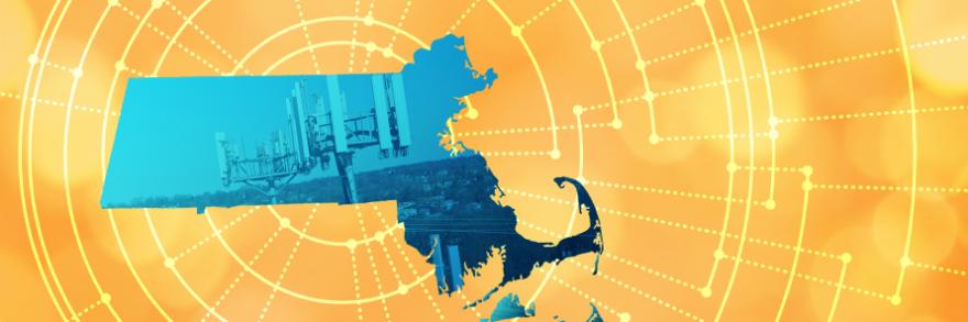 The silhouette of the State of Massachusetts revealing a cell tower inside; radiating connectivity illustration