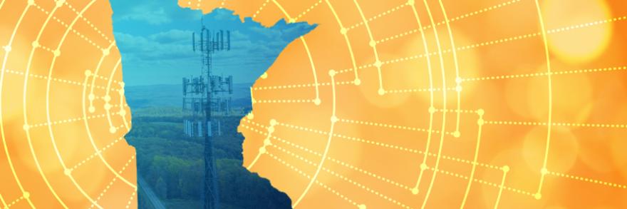 The silhouette of the State of Minnesota revealing a cell tower inside