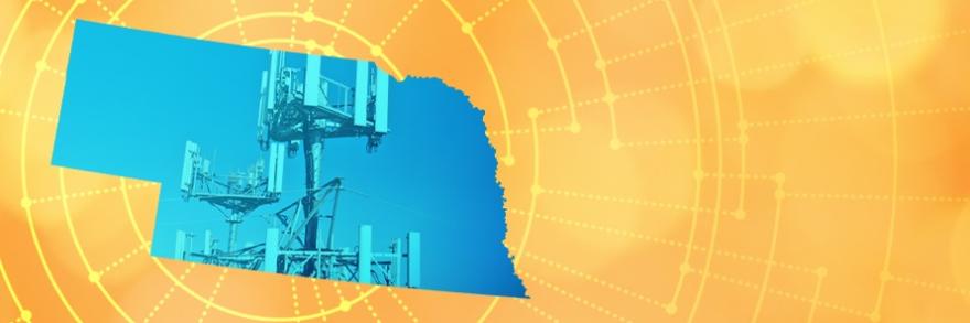 The silhouette of the State of Nebraska revealing a cell tower inside; radiating connectivity illustration