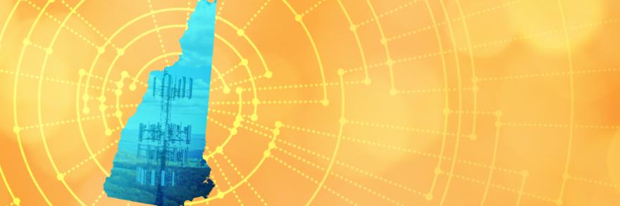 The silhouette of the State of New Hampshire revealing a cell tower inside; radiating connectivity illustration