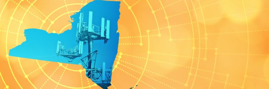 The silhouette of the State of New York revealing a cell tower inside; radiating connectivity illustration