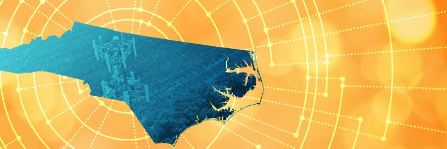 The silhouette of the State of North Carolina revealing a cell tower inside; radiating connectivity illustration