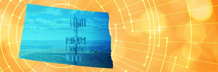 The silhouette of the State of North Dakota revealing a cell tower inside; radiating connectivity illustration