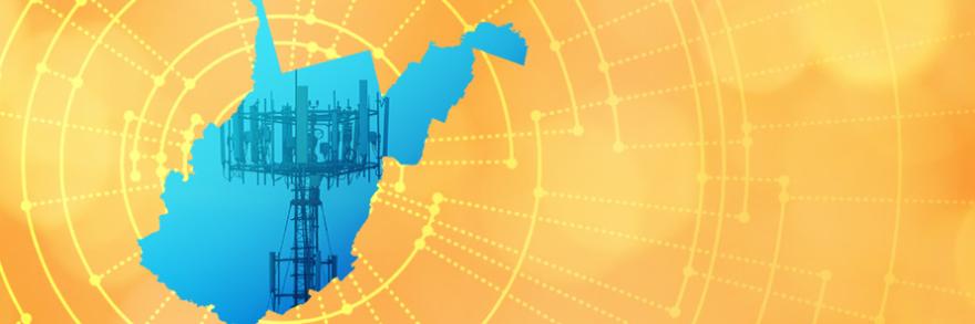 The silhouette of the State of West Virginia revealing a cell tower inside; radiating connectivity illustration