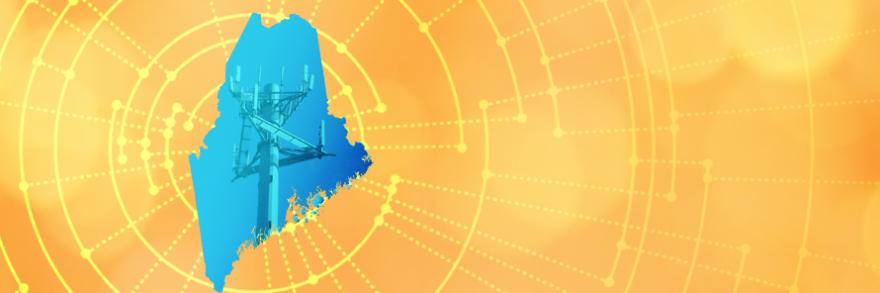 The silhouette of the State of Maine revealing a cell tower inside; radiating connectivity illustration