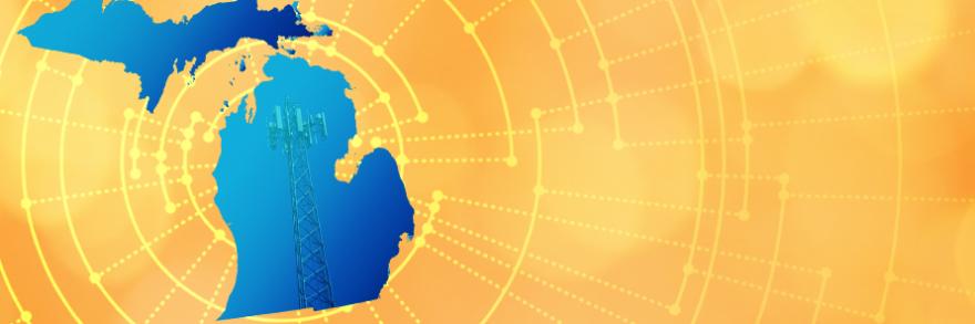  The silhouette of the State of Michigan revealing a cell tower inside; radiating connectivity illustration