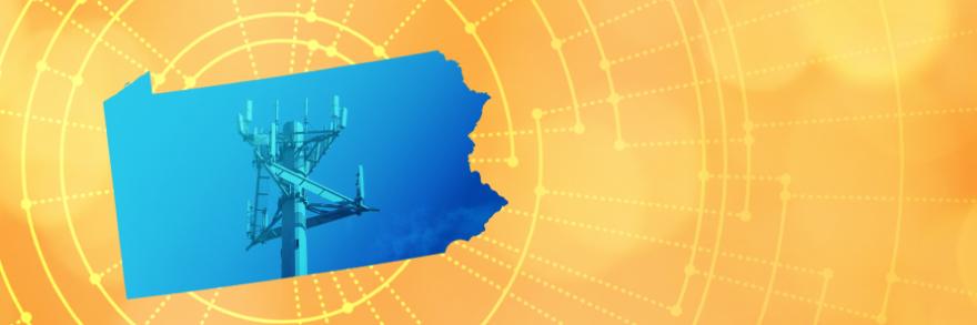 The silhouette of the State of Pennsylvania revealing a cell tower inside; radiating connectivity illustration