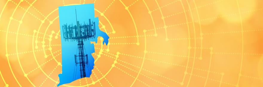 The silhouette of the State of Rhode Island revealing a cell tower inside; radiating connectivity illustration