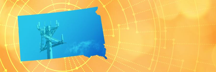 The silhouette of the State of South Dakota revealing a cell tower inside; radiating connectivity illustration