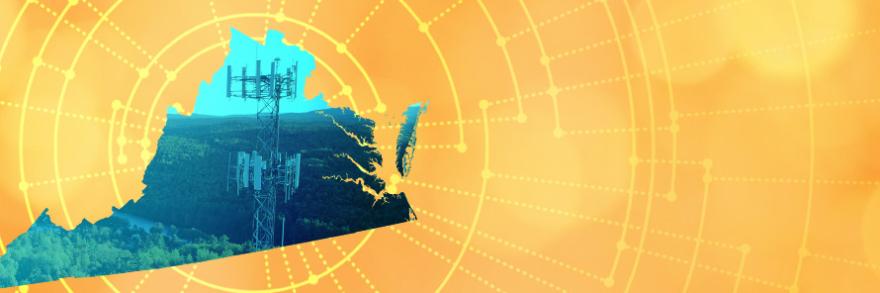 The silhouette of the State of Virginia revealing a cell tower inside; radiating connectivity illustration