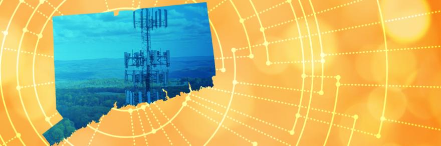 The silhouette of the State of Connecticut revealing a cell tower inside; radiating connectivity illustration