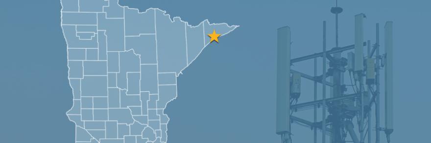 State of Minnesota with counties outlined; a star locating Gunflint Trail, a cell tower
