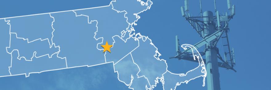 State of Massachusetts with counties outlined; a star locating Holliston, a cell tower