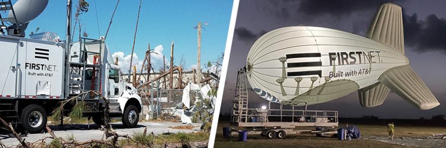 A SatCOLT providing broadband support in an area destroyed by Hurricane Matthew; FirstNet One blimp preparing for take-off after Hurricane Laura.