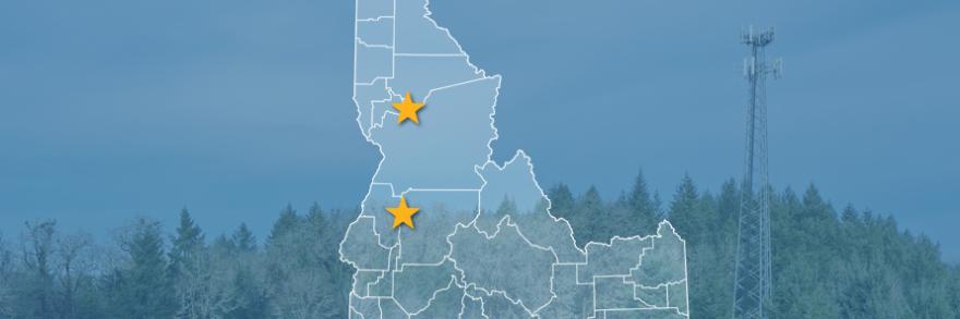 borders with stars locating Kamiah and McCall, Idaho; a cell tower.