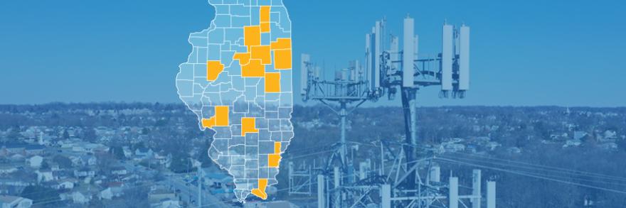 The state of Illinois, with outlined county borders; a cell tower.