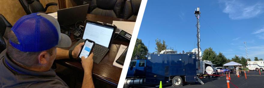 Communications operator at his workstation; A FirstNet SatCOLT