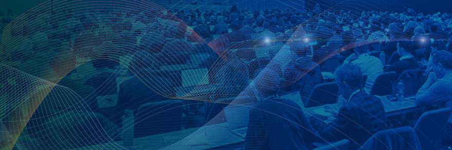 A large group of people dressed in business attire seated at conference tables while taking notes on electronic devices at a 3GPP plenary session; a network overlay of lines is shown waving across the photo.