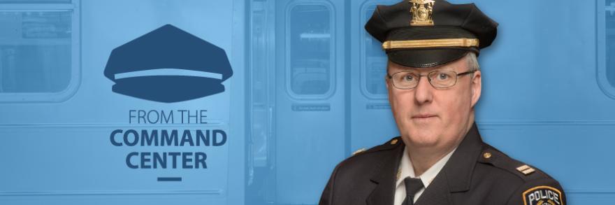 Command Center logo; Captain John Vallarelli headshot; a New York subway train stopped on the platform with open doors