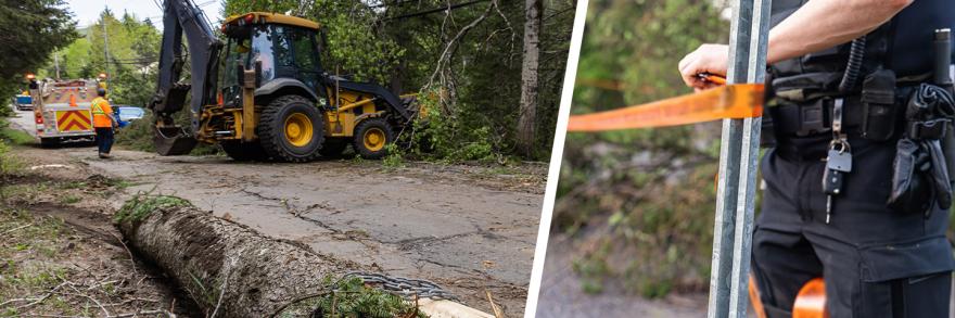 Fallen tree trunk on side of road after a storm, utility workers at work in background; a police officer closing a main road with tape in aftermath of a storm