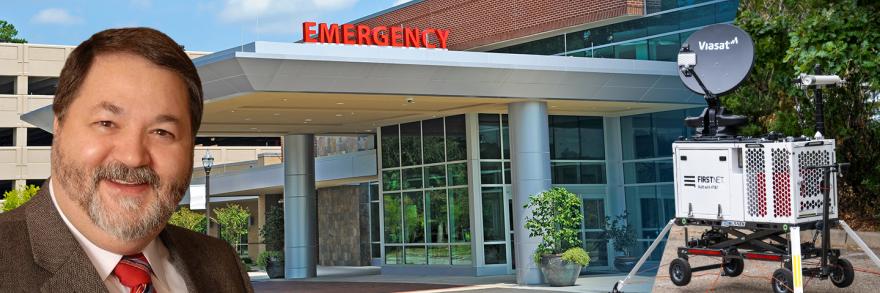 A hospital emergency entrance, headshot of Paul Bowling, Emergency Manager at University of Maryland Capital Region Health, a FirstNet compact rapid deployable  