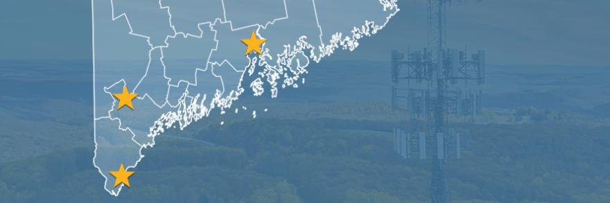 State of Maine with counties outlined; a star locating Bucksport, Naples, and Ogunquit; a cell tower
