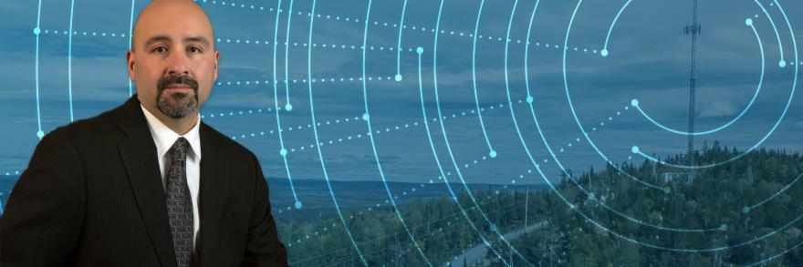 Jasper Bruner; a tree-covered hill with a broadband tower; an abstract design of interconnected circular lines and dotted lines radiation out from the center 