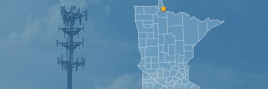 Map of Minnesota with a star over the town of Baudette; a cell tower