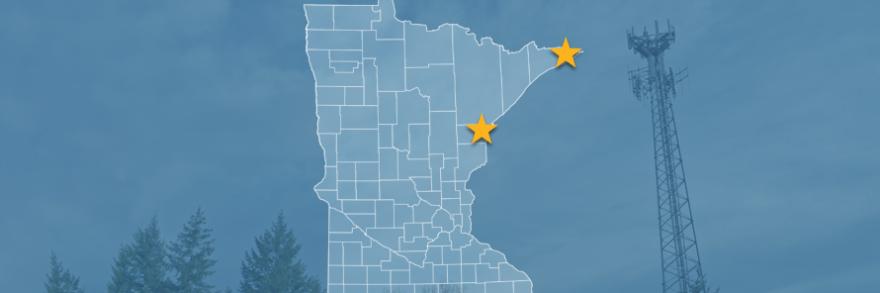 The state of Minnesota, with outlined county borders and two stars locating Cloquet and Hovland, Minnesota; a cell tower.