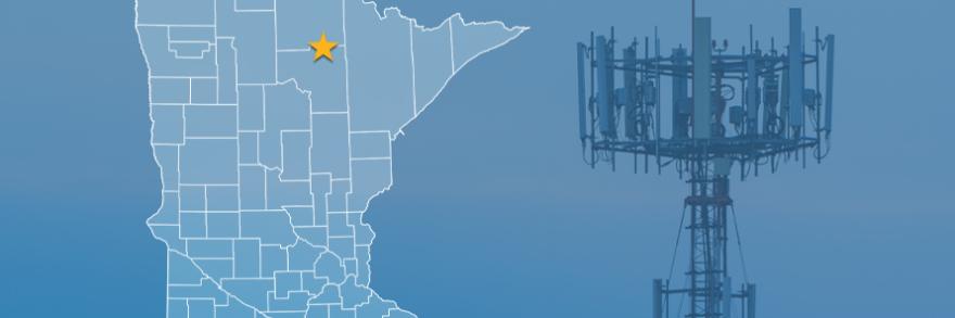 State of Minnesota with counties outlined; a star locating Togo, a cell tower