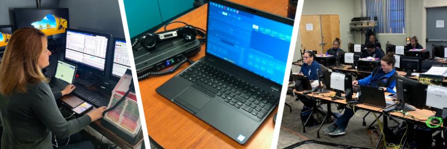 An Arlington 911 operator remotely taking calls in her home; a Palm Beach 911 remote go-bag with a phone and laptop; A group of Fulton County 911 operators remotely taking 911 calls