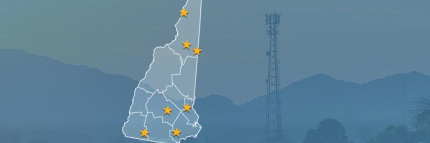 State of New Hampshire with counties outlined; stars locating Berlin, Concord, Derry, Farmington, Jaffrey, Shelburne, and Strewartstown, a cell tower